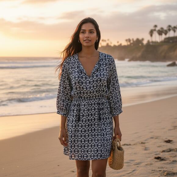 Old Navy Tunic Dress Blue Cream Tassel Womens Large - Picture 1 of 10